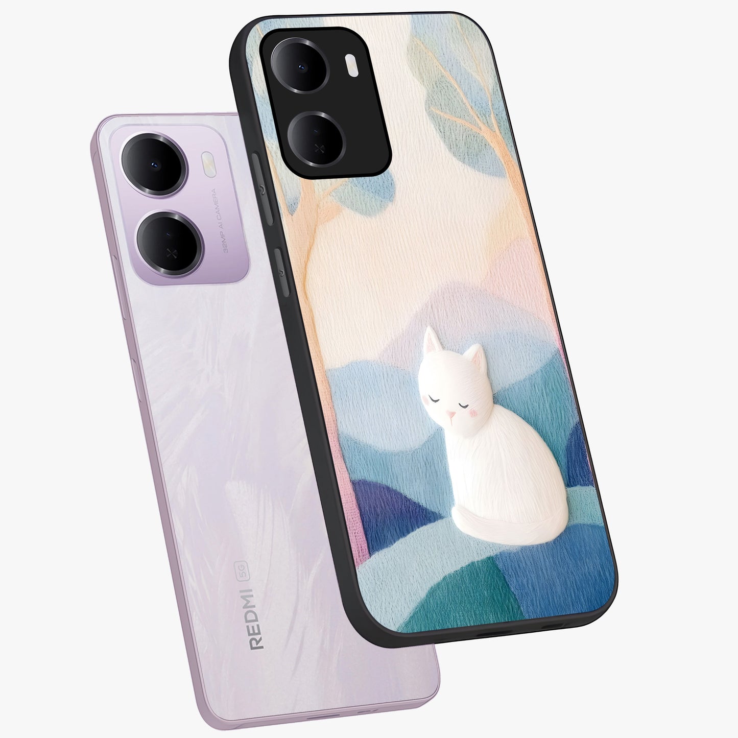 Cotton Dream Cat Glass Case displayed in angled mockup highlighting cute feline illustration with pastel aesthetic style.