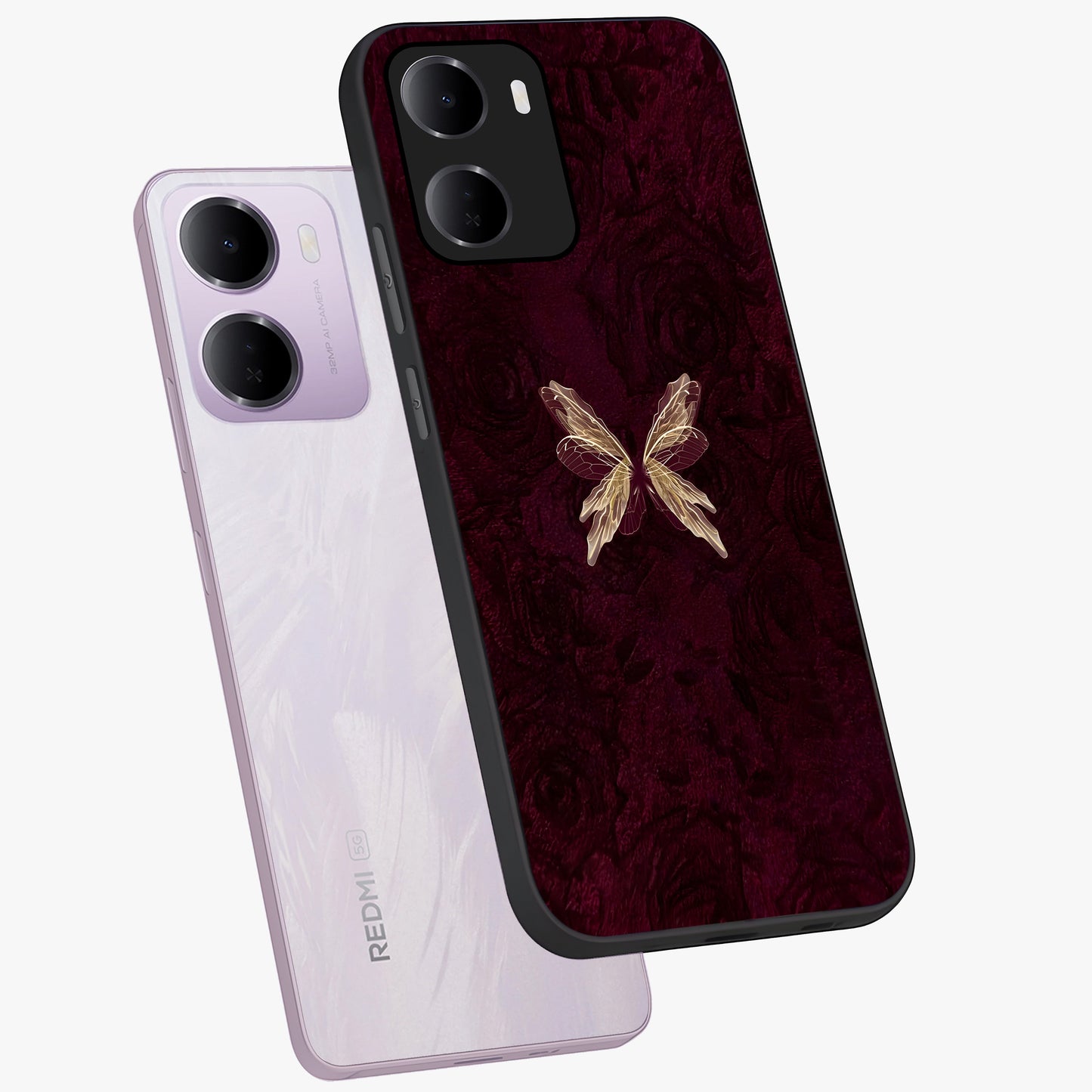 Crimson Fade Butterfly Glass Case displayed in angled mockup highlighting elegant butterfly design with crimson gradient aesthetic.