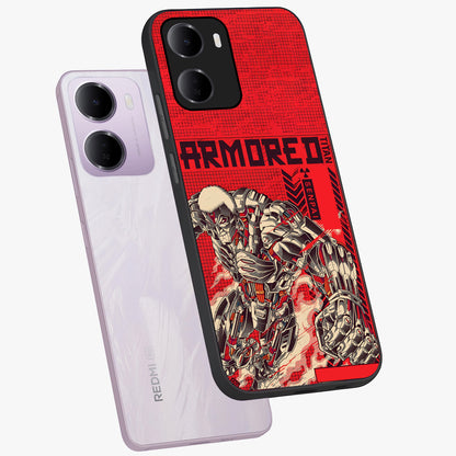 Crimson Mecha Titan Glass Case displayed in angled mockup highlighting futuristic mech illustration with bold crimson aesthetic.