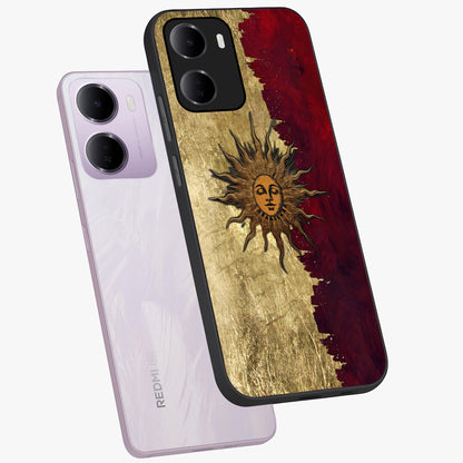 Crimson Sun Majesty Glass Case displayed in angled mockup highlighting majestic crimson sun design with bold aesthetic style.