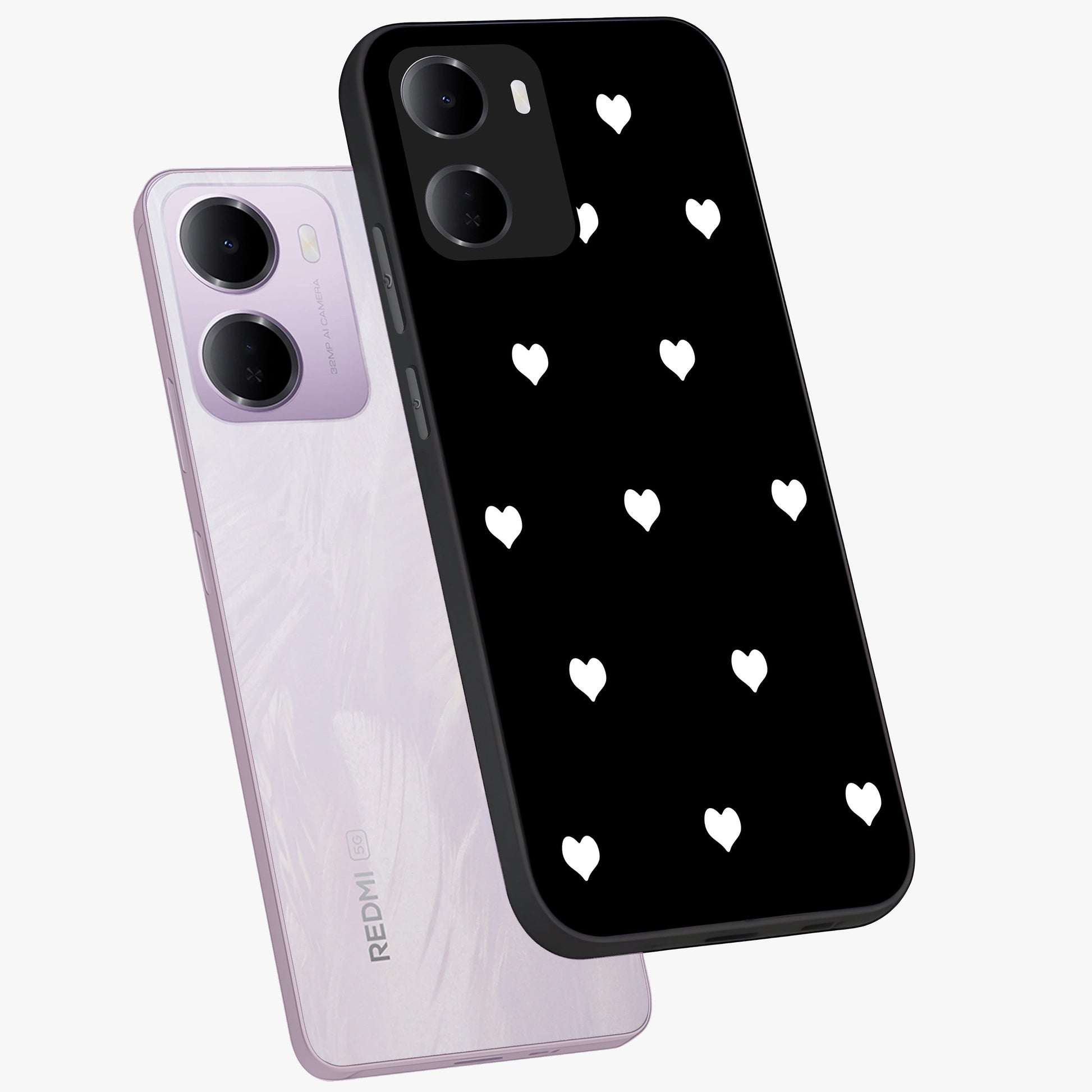Cute And Simple White Hearts Glass Case displayed in angled mockup highlighting cute heart design with clean aesthetic style.