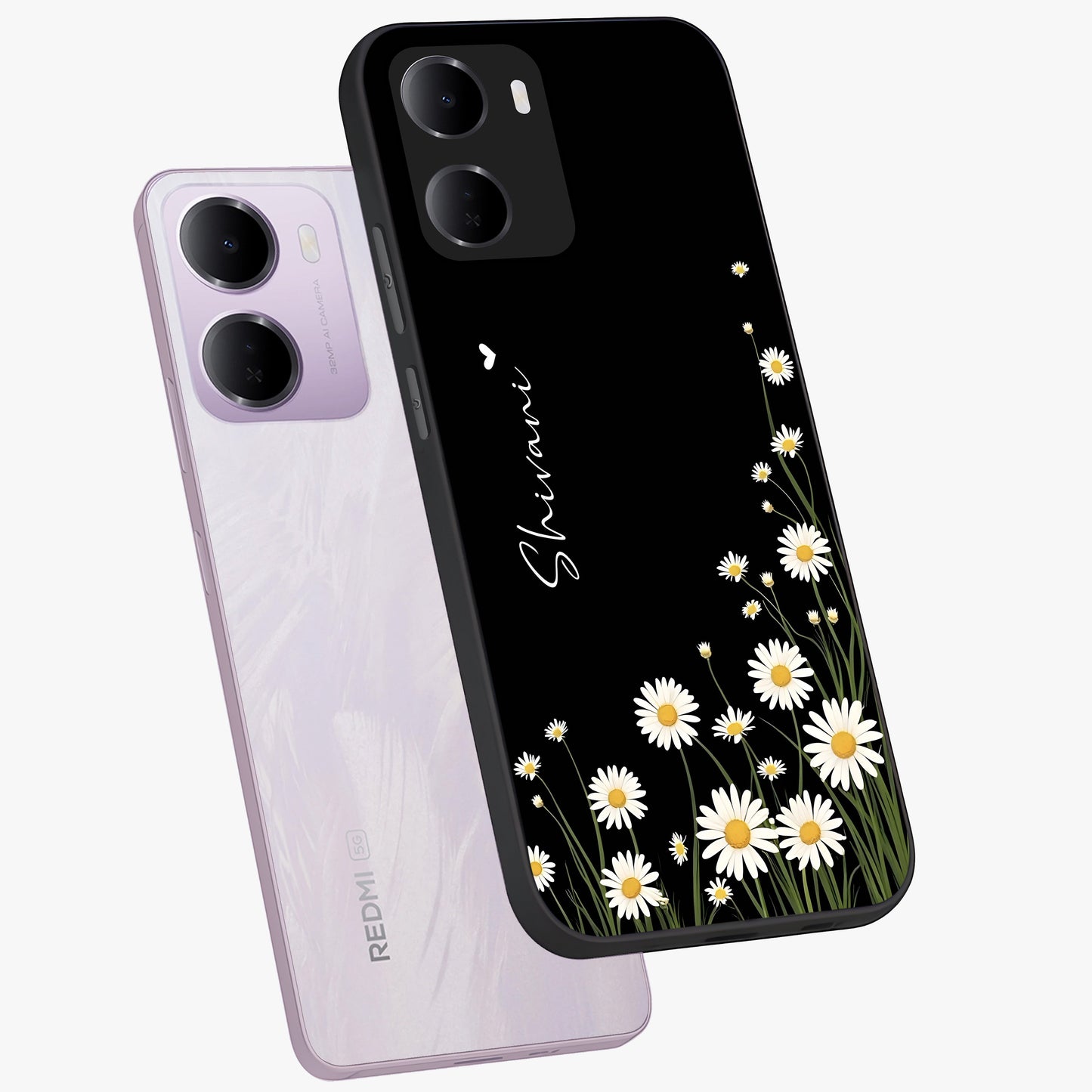 Daisy Cascade Custom Name Glass Case displayed in angled mockup highlighting delicate daisy artwork with custom name feature.
