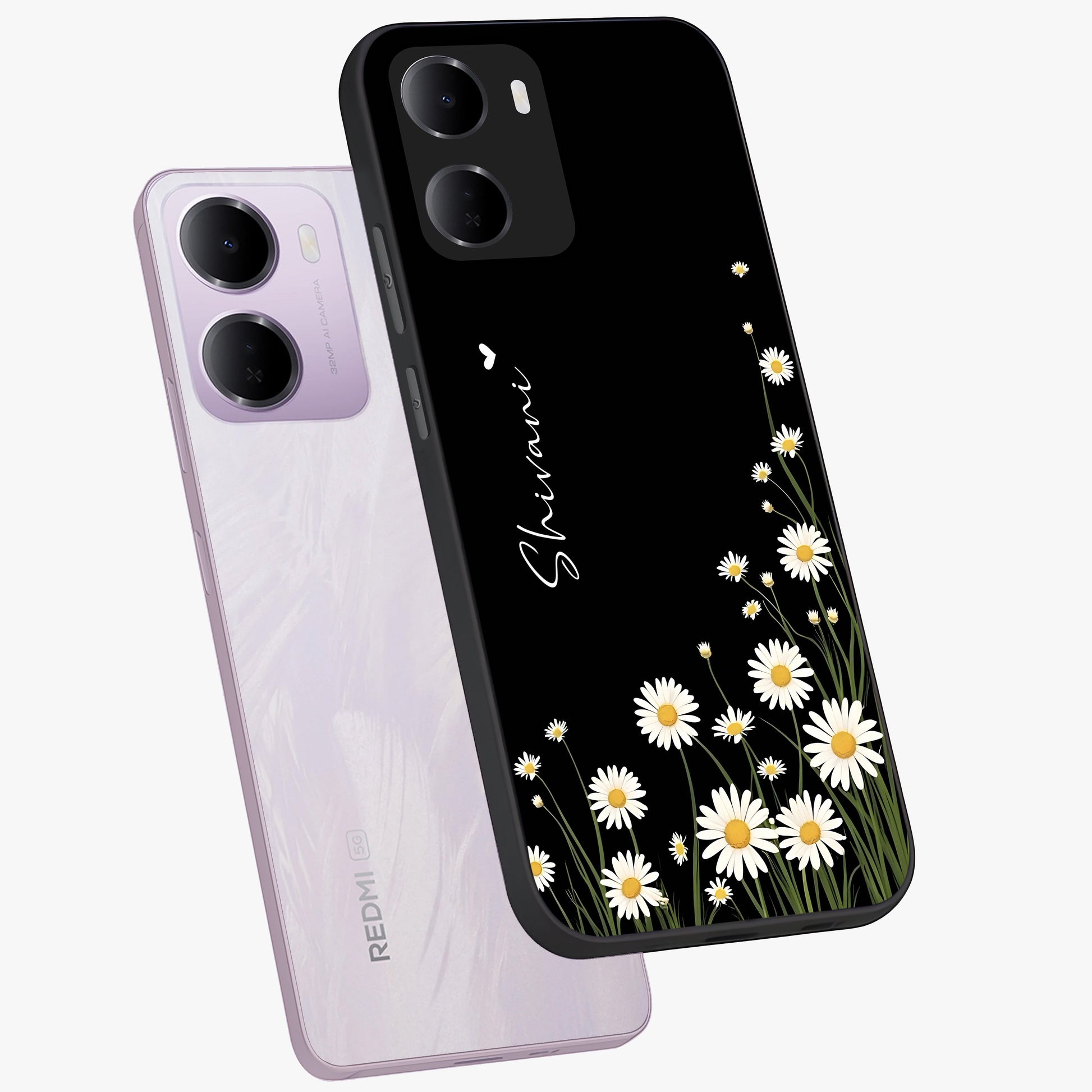 Daisy Cascade Custom Name Glass Case displayed in angled mockup highlighting delicate daisy artwork with custom name feature.