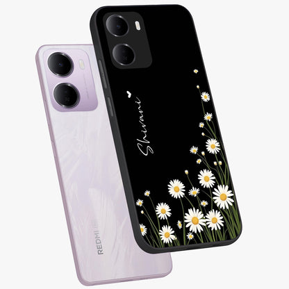 Daisy Cascade Custom Name Glass Case displayed in angled mockup highlighting delicate daisy artwork with custom name feature.