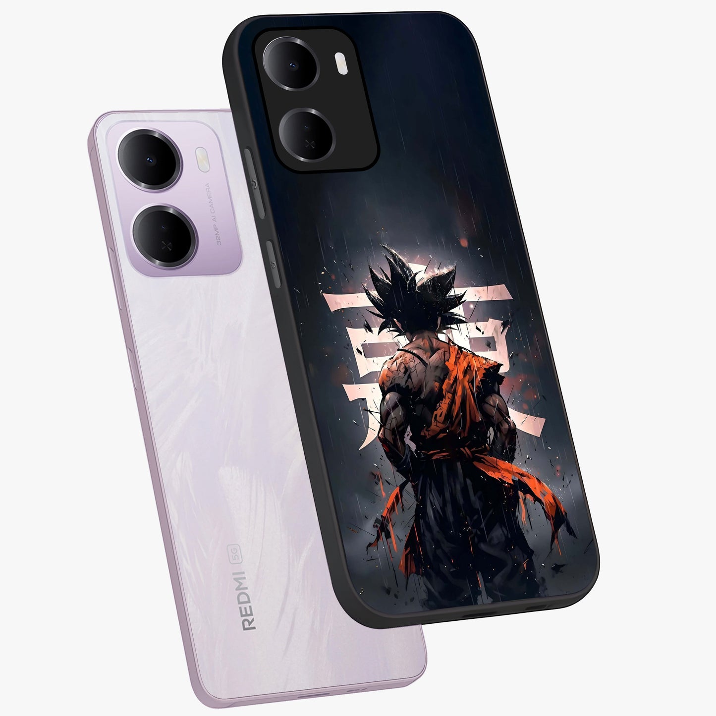 Dark Warrior In Rain Glass Case displayed in angled mockup highlighting dramatic warrior illustration with dark rain aesthetic.