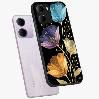 Delicate Multicolor Flowers Glass Case displayed in angled mockup highlighting colorful flower pattern with soft aesthetic style.