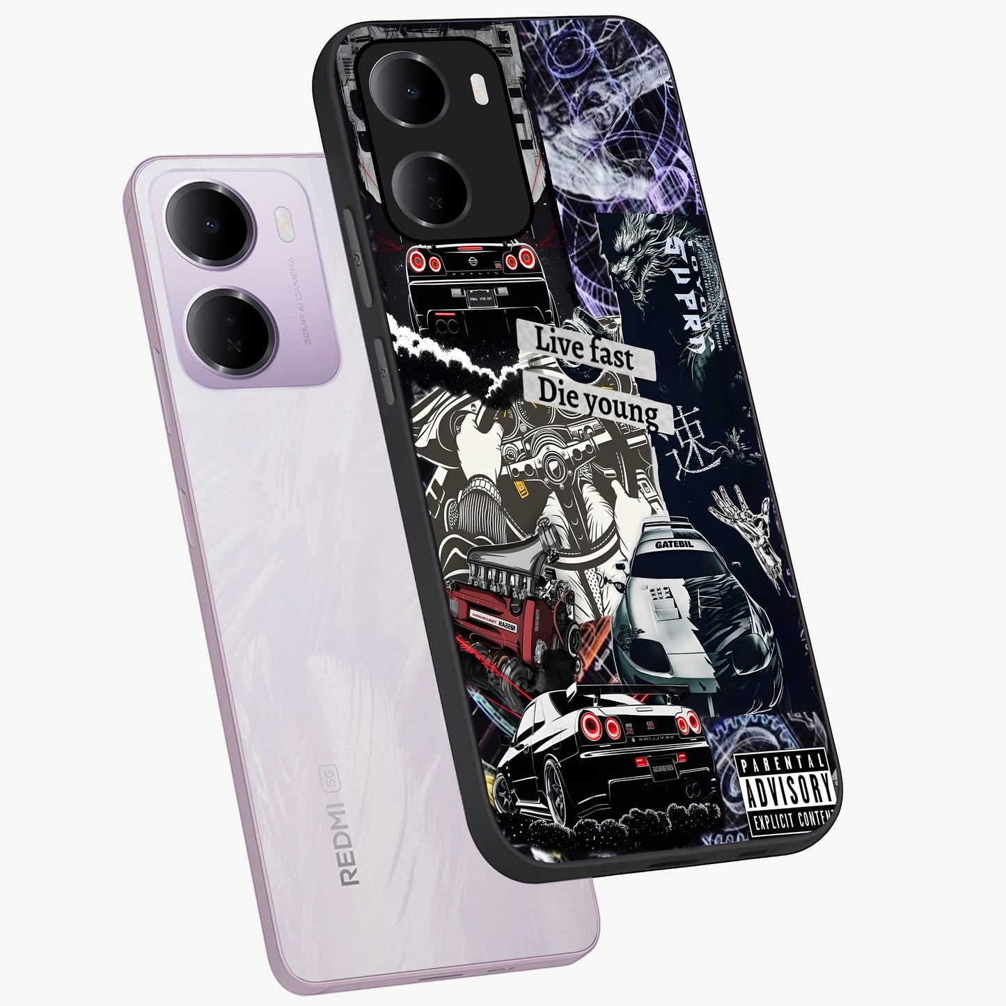 Die Young Glass Case displayed in angled mockup highlighting expressive graphic artwork with edgy aesthetic style.