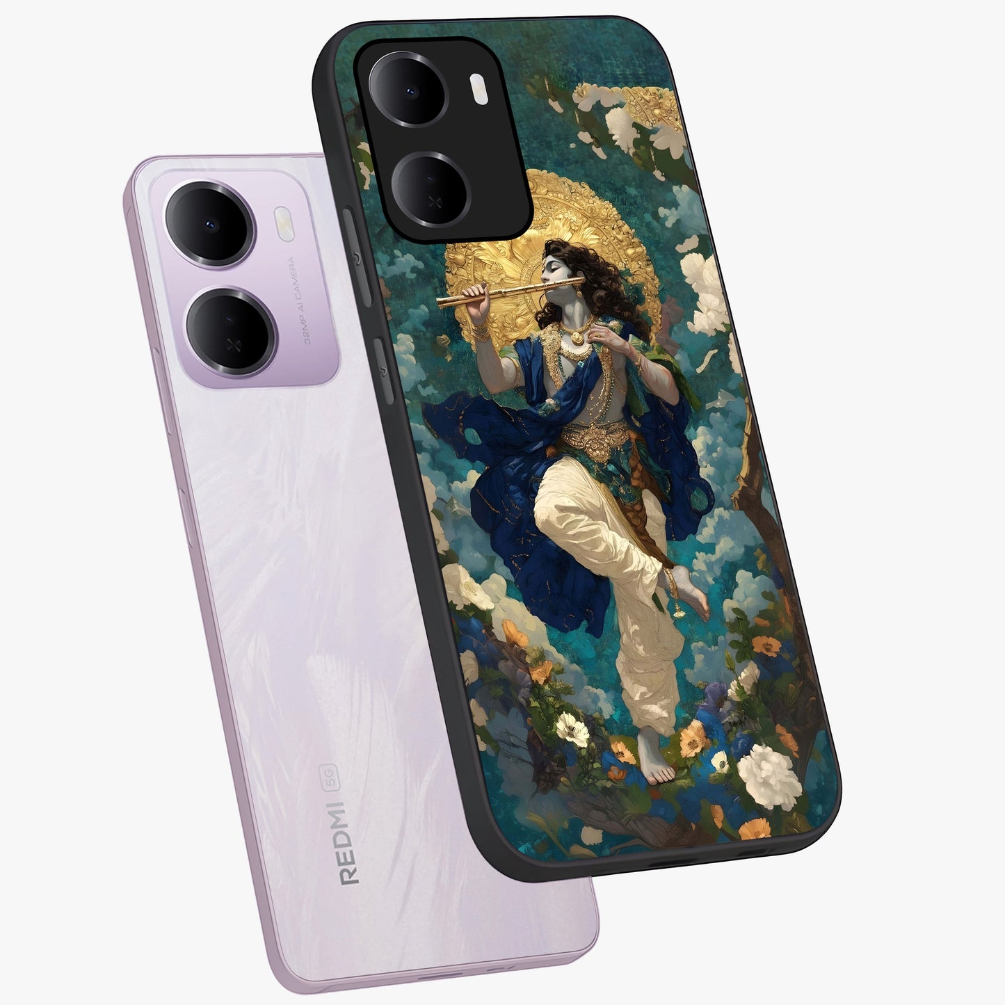 Divine Krishna Art Glass Case displayed in angled mockup highlighting spiritual Krishna illustration with devotional aesthetic.
