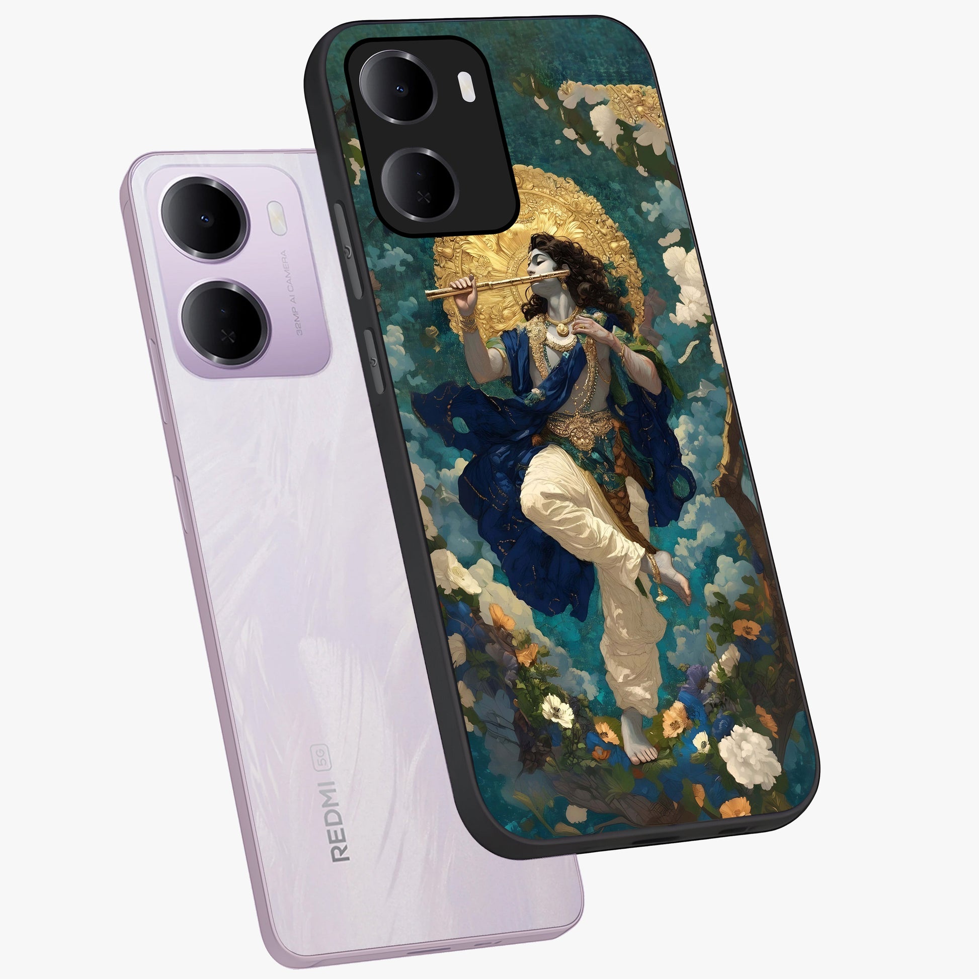 Divine Krishna Art Glass Case displayed in angled mockup highlighting spiritual Krishna illustration with devotional aesthetic.