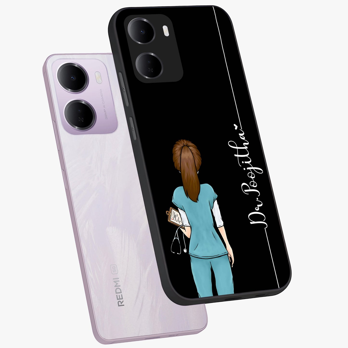 Doctor Pattern Custom Name Glass Case displayed in angled mockup highlighting doctor inspired artwork with custom name feature.