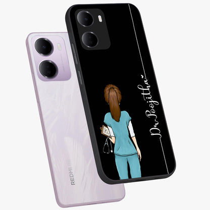 Doctor Pattern Custom Name Glass Case displayed in angled mockup highlighting doctor inspired artwork with custom name feature.
