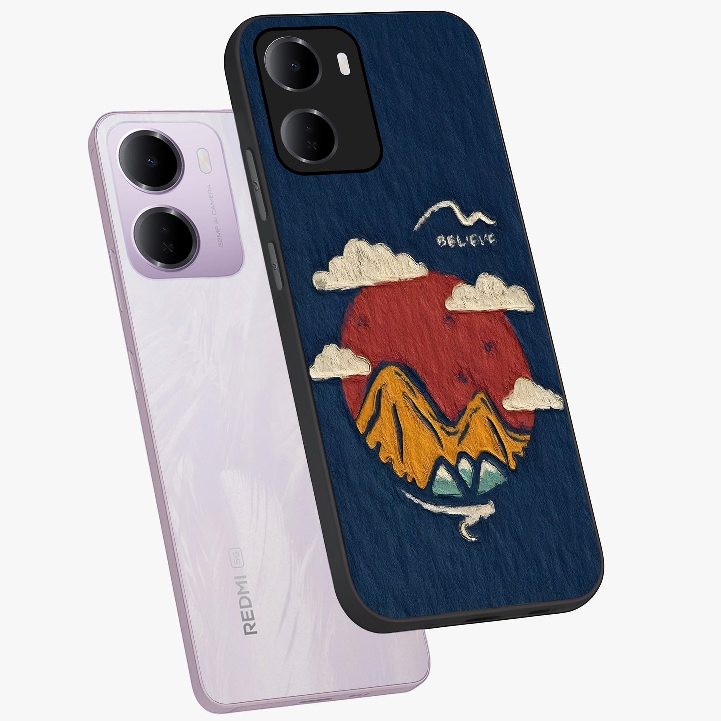 Dream Beyond Mountains Glass Case displayed in angled mockup highlighting dreamy mountain illustration with peaceful aesthetic.