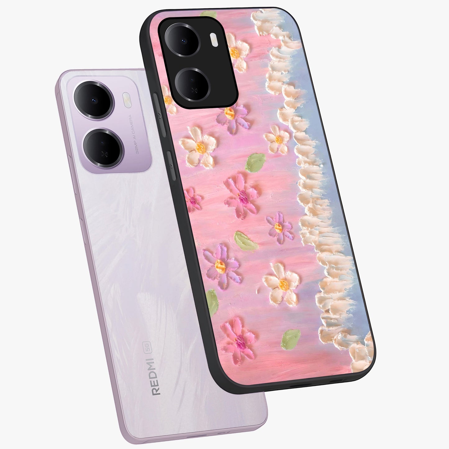 Dreamy Painted Garden Glass Case displayed in angled mockup highlighting colorful garden illustration with dreamy aesthetic style.