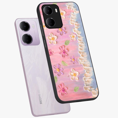 Dreamy Painted Garden Glass Case displayed in angled mockup highlighting colorful garden illustration with dreamy aesthetic style.