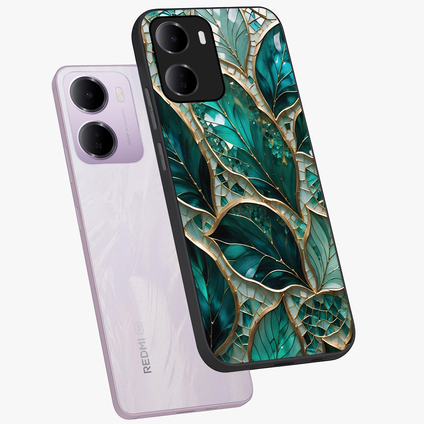 Emerald Leaf Glass Glass Case displayed in angled mockup highlighting botanical leaf illustration with elegant natural aesthetic.