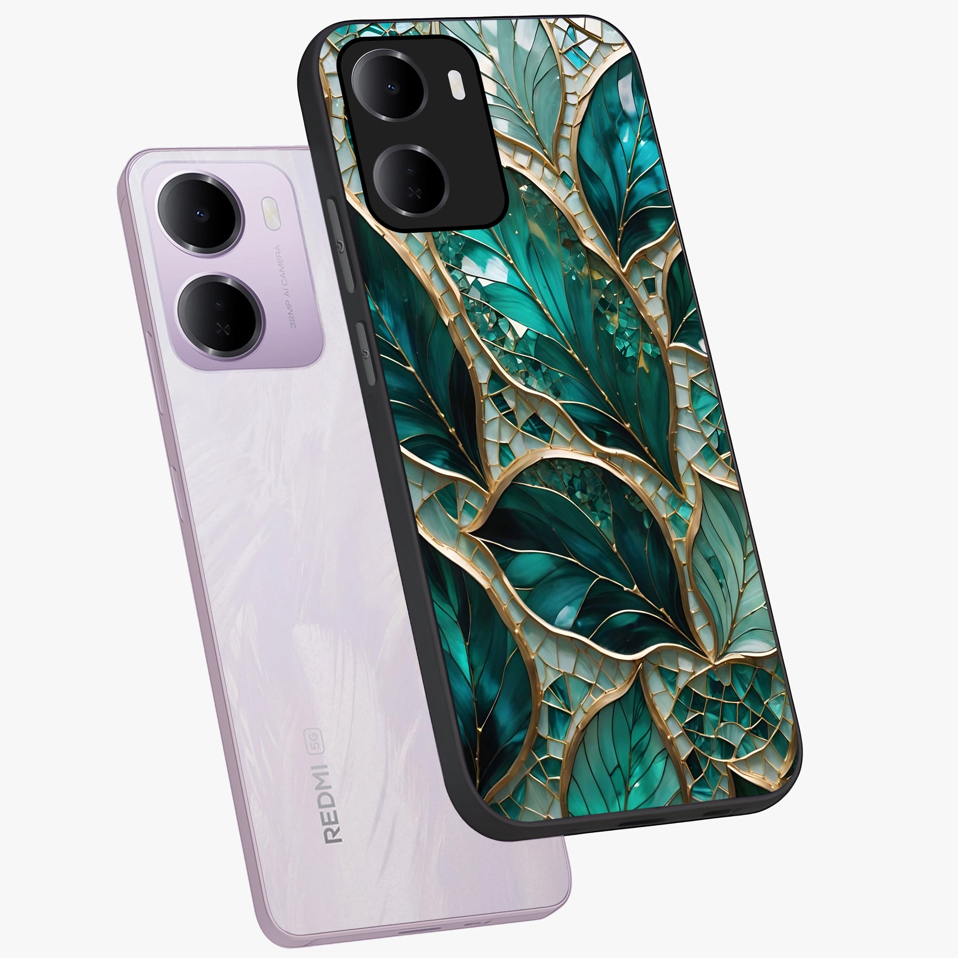 Emerald Leaf Glass Glass Case displayed in angled mockup highlighting botanical leaf illustration with elegant natural aesthetic.