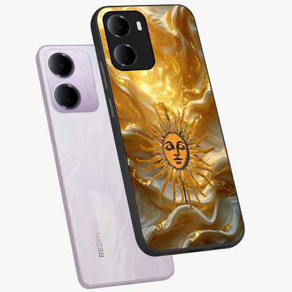 Eternal Golden Glow Glass Case displayed in angled mockup highlighting glowing golden aesthetic design with elegant style.