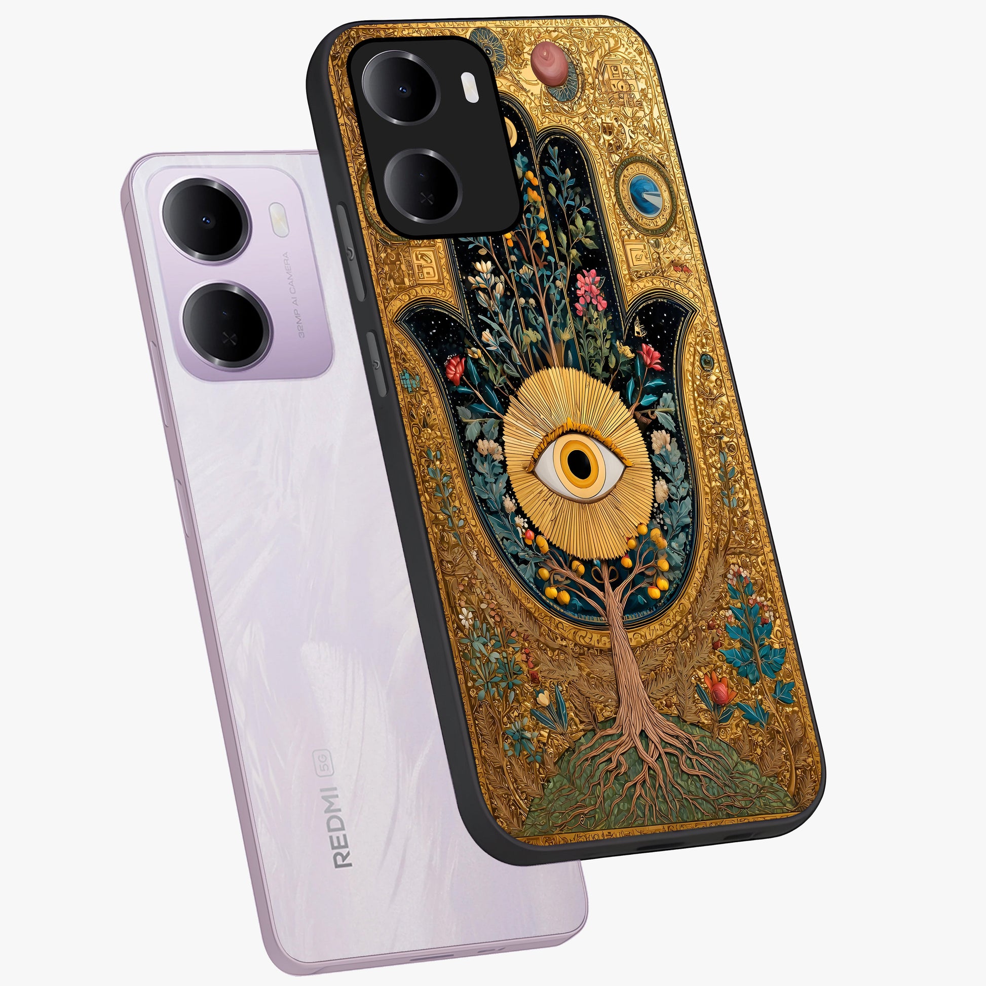 Ethereal Evil Eye Glass Case displayed in angled mockup highlighting protective evil eye symbol with spiritual aesthetic design.