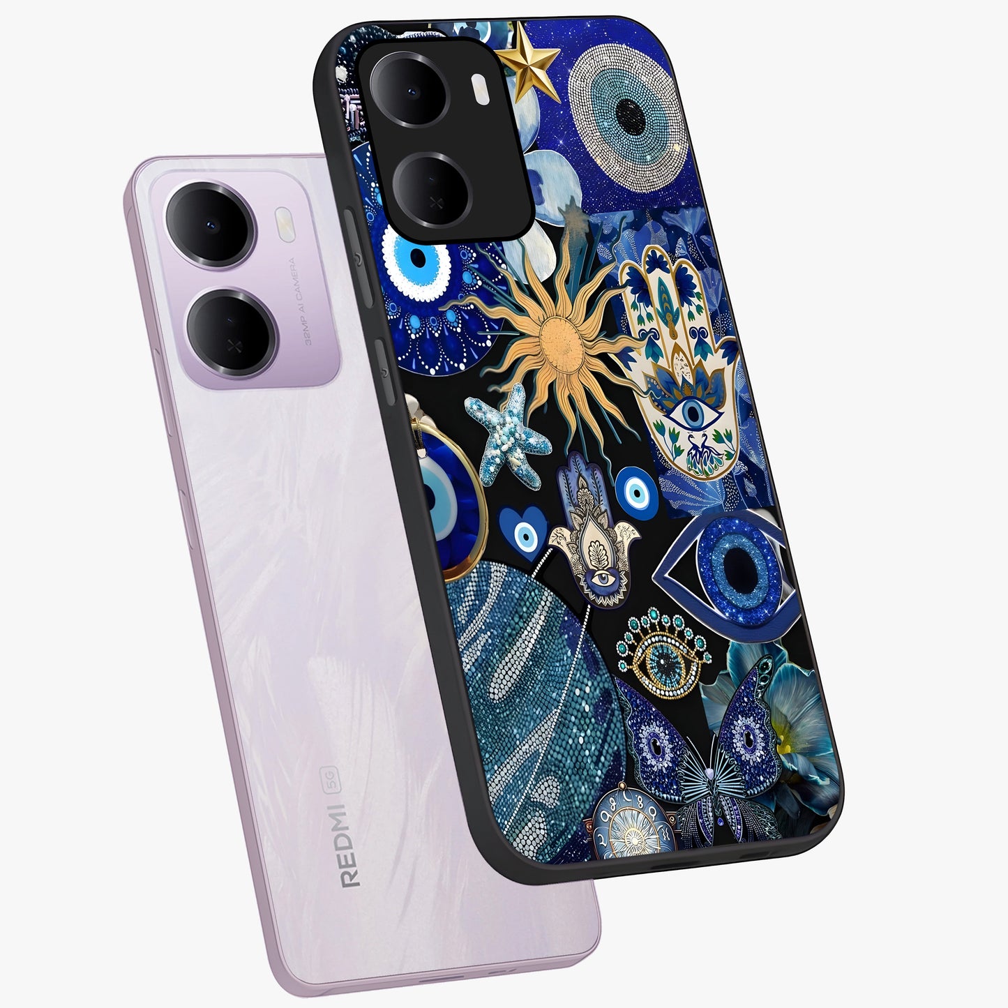 Evil Eye Charm Mix Glass Case displayed in angled mockup highlighting protective evil eye symbols with spiritual aesthetic design.