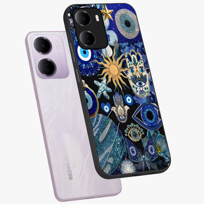 Evil Eye Charm Mix Glass Case displayed in angled mockup highlighting protective evil eye symbols with spiritual aesthetic design.