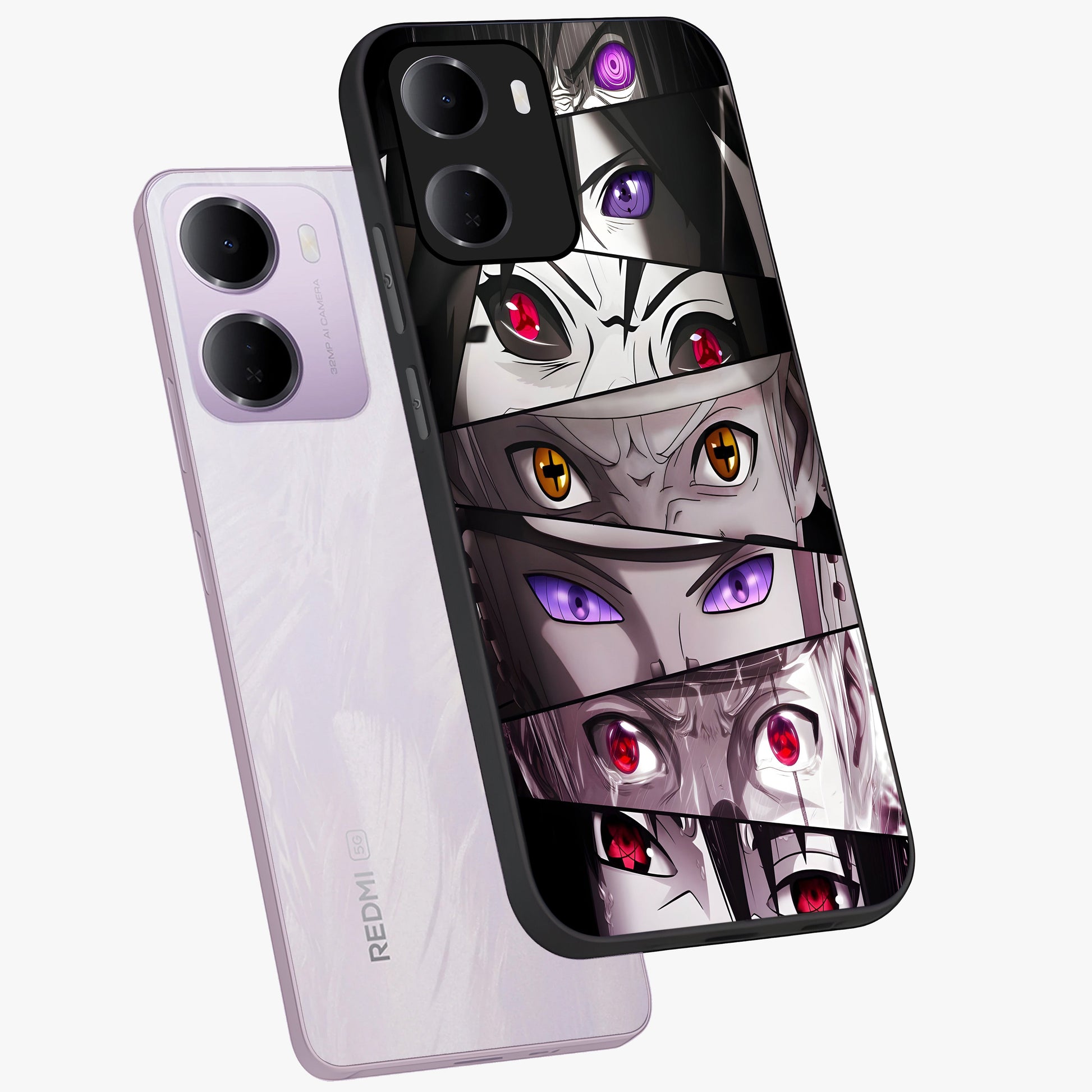 Eyes of Destiny Glass Case displayed in angled mockup highlighting bold eye illustration with mystical aesthetic style.
