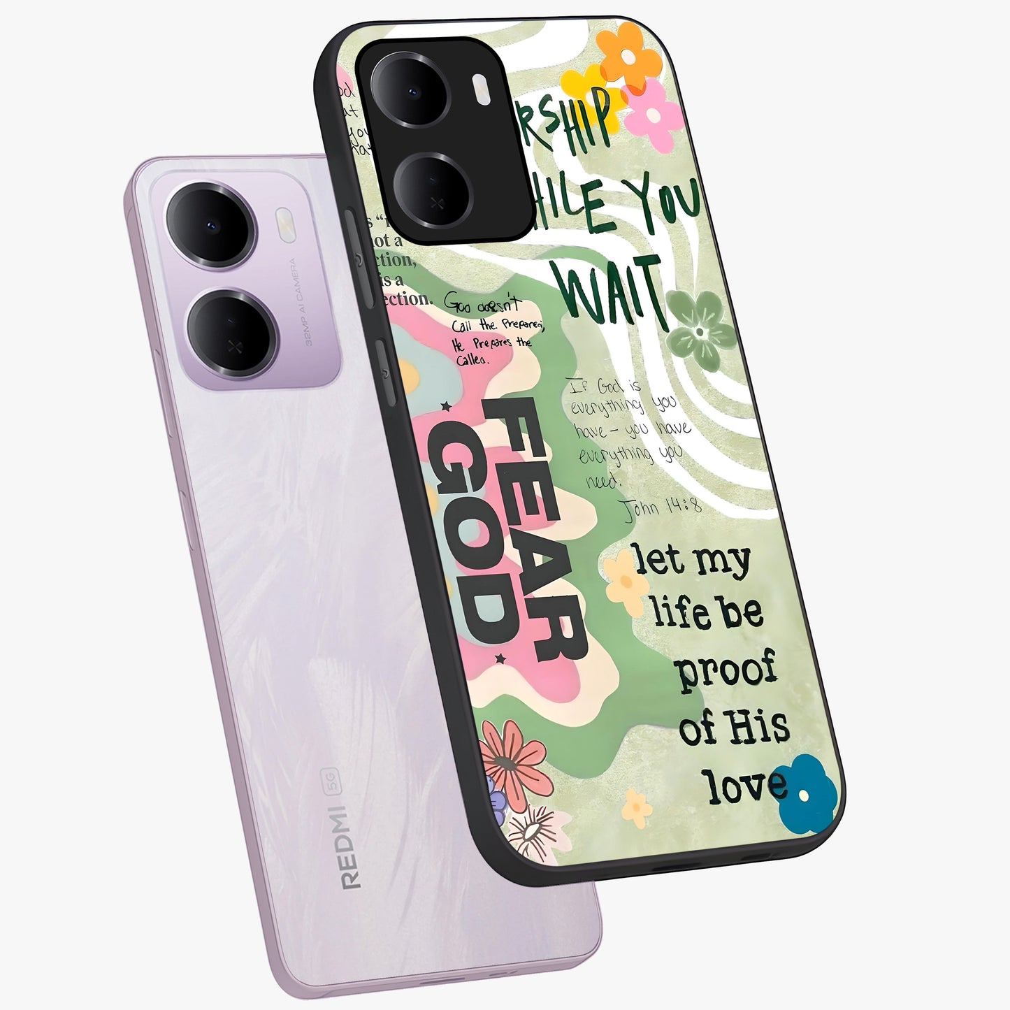 Faith Over Fear Glass Case displayed in angled mockup highlighting inspirational message design with modern aesthetic style.