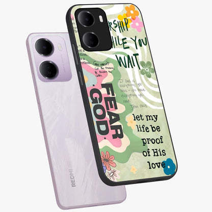 Faith Over Fear Glass Case displayed in angled mockup highlighting inspirational message design with modern aesthetic style.