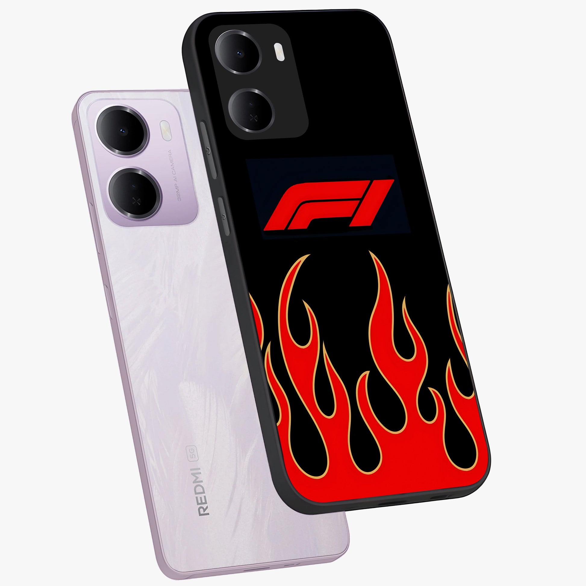 Fire F11 Glass Case displayed in angled mockup highlighting bold fire inspired graphic with energetic aesthetic style.