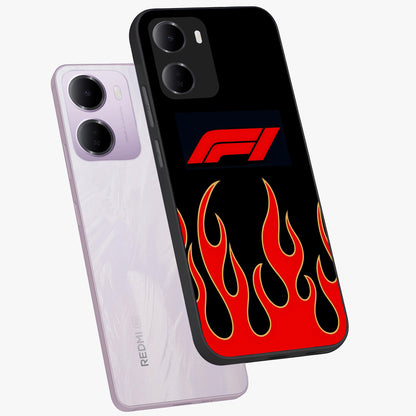 Fire F11 Glass Case displayed in angled mockup highlighting bold fire inspired graphic with energetic aesthetic style.