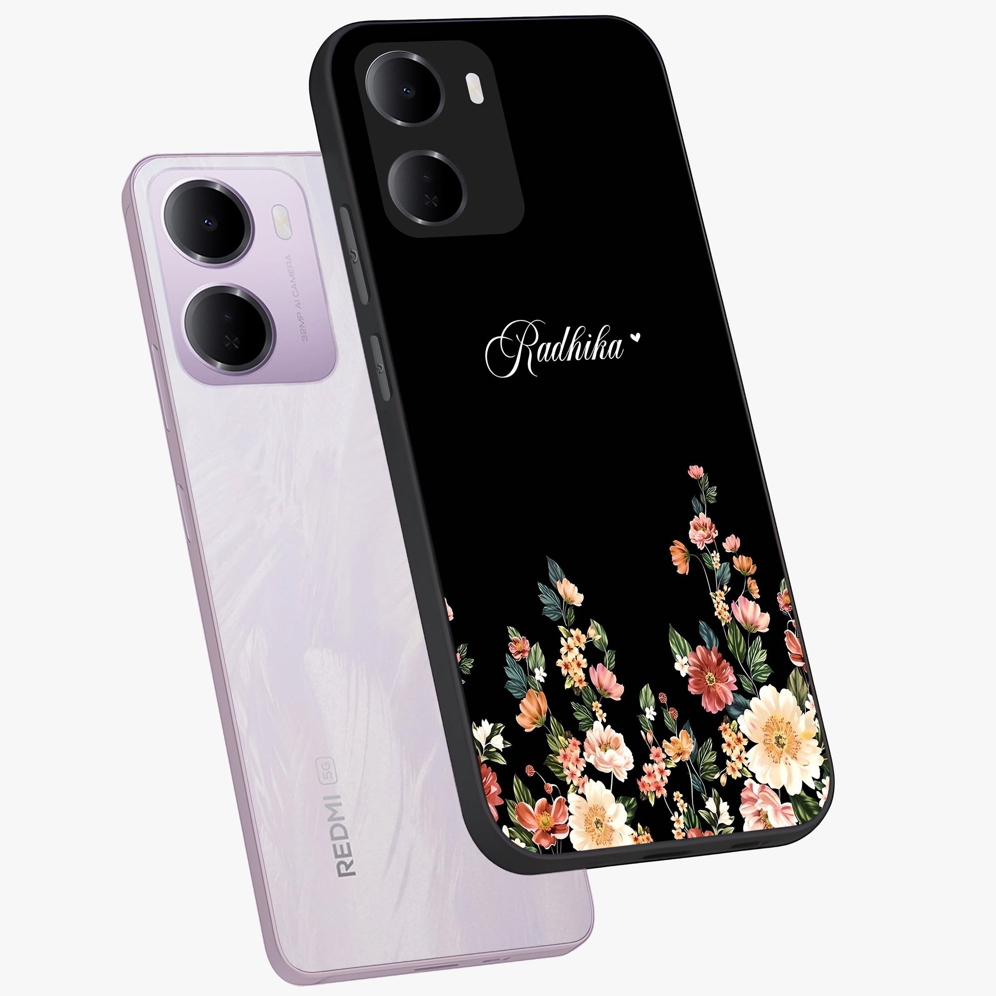 Floral Design With a Custom Personalized Name Glass Case displayed in angled mockup highlighting elegant floral pattern with custom name feature.