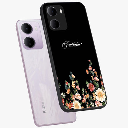 Floral Design With a Custom Personalized Name Glass Case displayed in angled mockup highlighting elegant floral pattern with custom name feature.