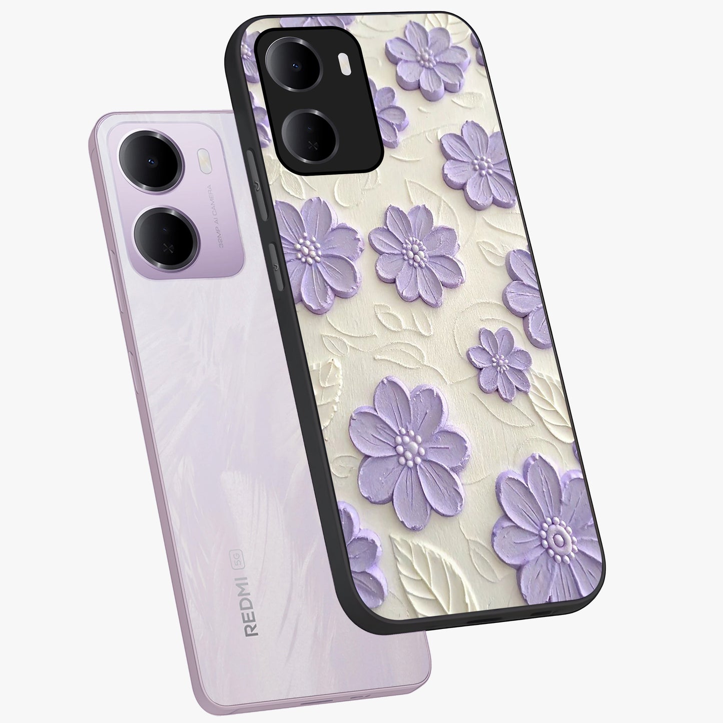 Floral Wall Art With Purple Flowers Glass Case displayed in angled mockup highlighting vibrant purple floral illustration with artistic aesthetic.