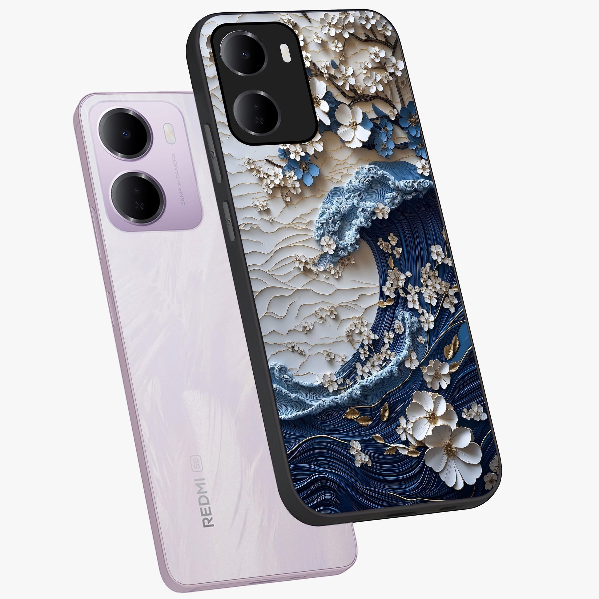 Floral Wave Origami Glass Case displayed in angled mockup highlighting geometric origami flower design with modern aesthetic style.