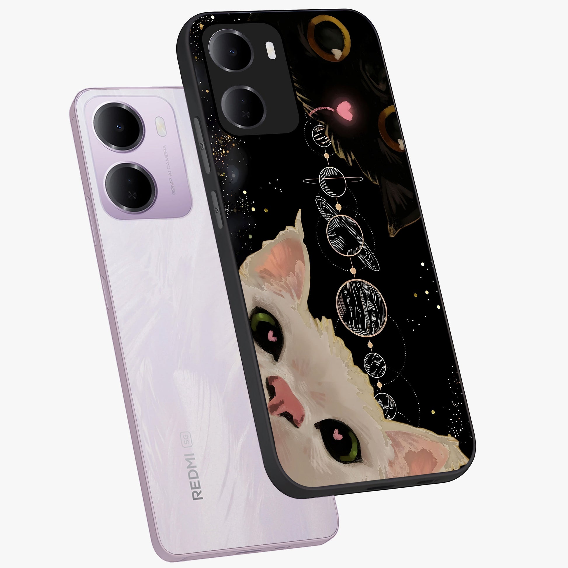 Galactic Cat Glass Case displayed in angled mockup highlighting celestial feline illustration with galaxy aesthetic style.
