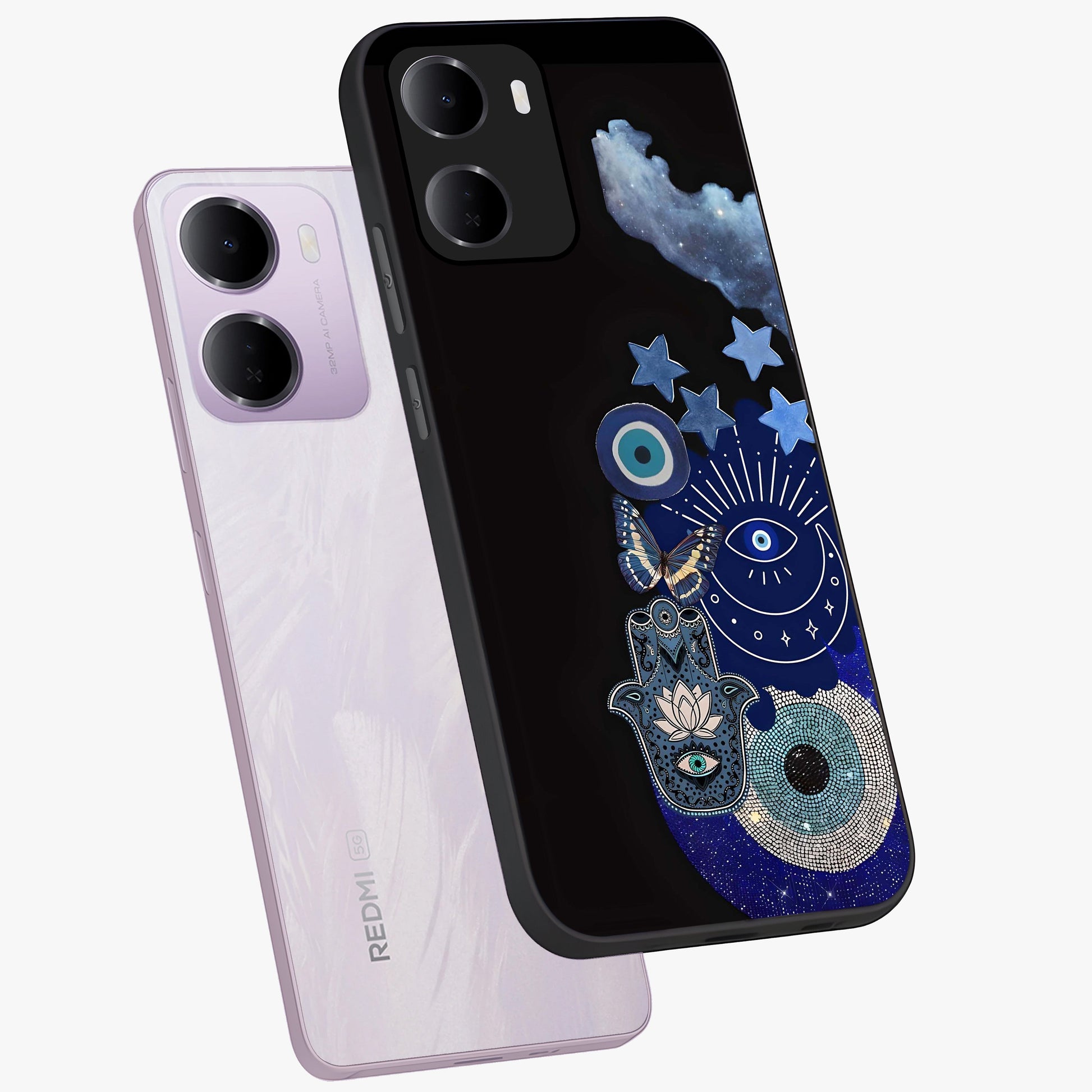 Galactic Charm Cluster Glass Case displayed in angled mockup highlighting luminous galaxy inspired design with dreamy aesthetic.