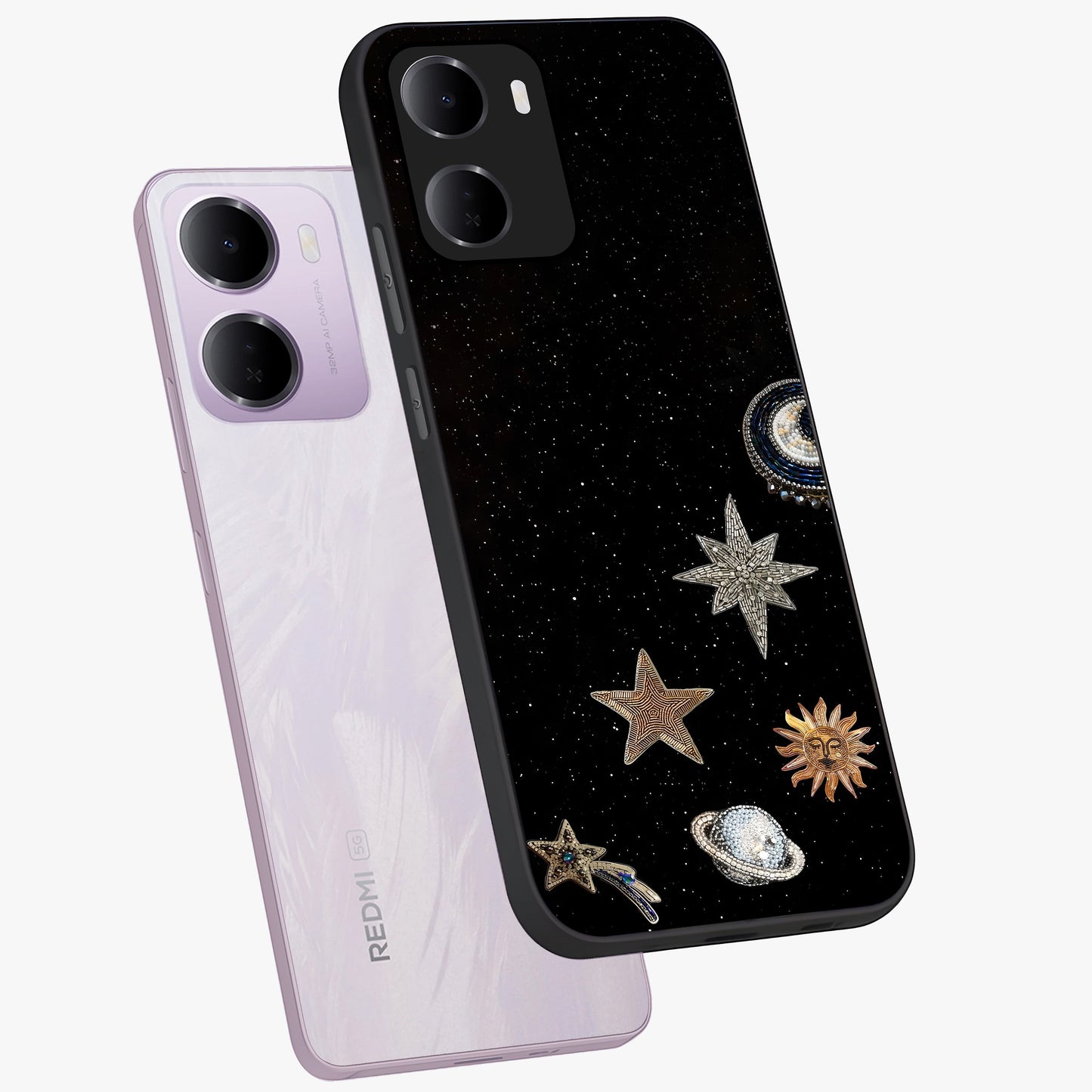 Galactic Charm Glow Glass Case displayed in angled mockup highlighting luminous galaxy inspired design with dreamy aesthetic.