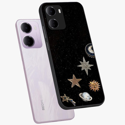 Galactic Charm Glow Glass Case displayed in angled mockup highlighting luminous galaxy inspired design with dreamy aesthetic.