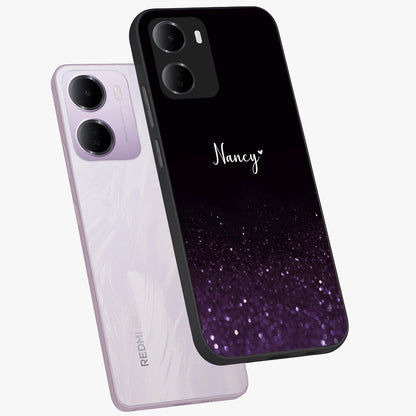 Glittery Purple Bokeh Custom Name Glass Case displayed in angled mockup highlighting glitter bokeh pattern with custom name feature.