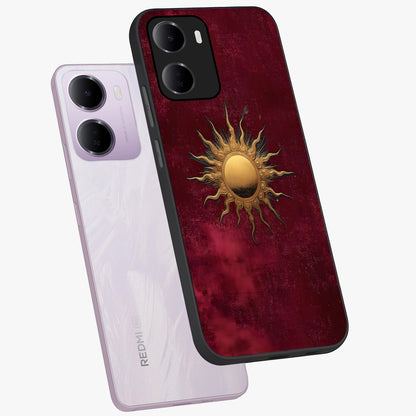 Golden Sun Minimalism Glass Case displayed in angled mockup highlighting clean sun symbol design with modern minimal aesthetic.