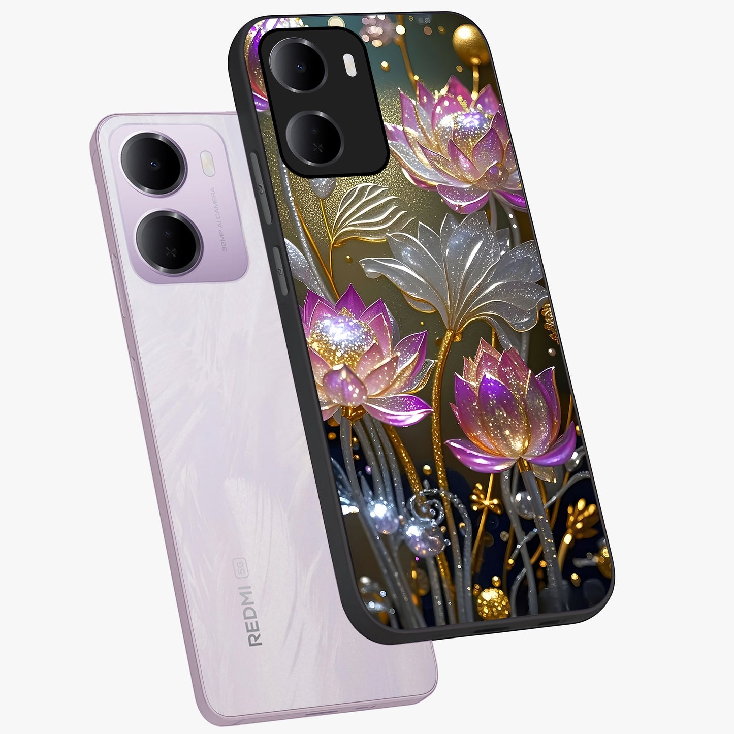 Golden Floral Majesty Glass Case displayed in angled mockup highlighting elegant flower design with royal golden aesthetic.