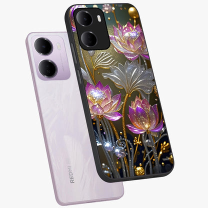 Golden Floral Majesty Glass Case displayed in angled mockup highlighting elegant flower design with royal golden aesthetic.