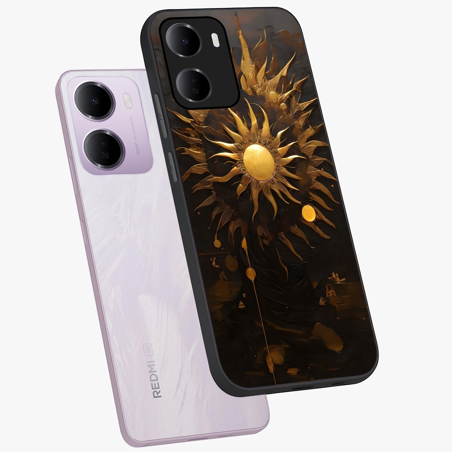 Golden Sun Majesty Glass Case displayed in angled mockup highlighting eerie shadow illustration with gothic aesthetic.