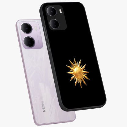 Golden Sun Minimalism Glass Case displayed in angled mockup highlighting eerie shadow illustration with gothic aesthetic.