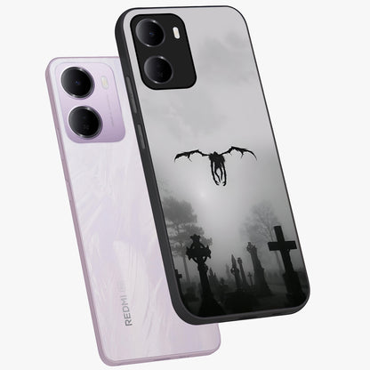 Graveyard Shadow Descent Glass Case displayed in angled mockup highlighting eerie shadow illustration with gothic aesthetic.