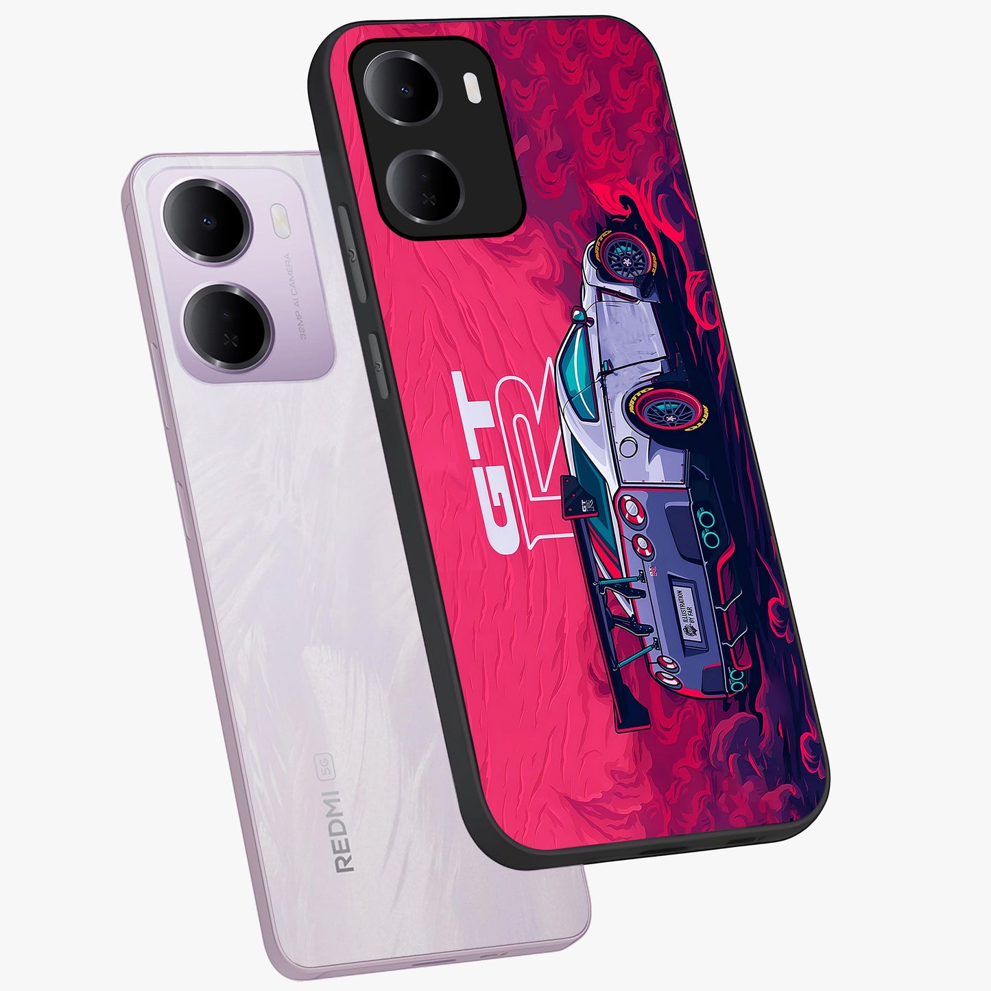 GT-R Car Pattern Glass Case displayed in angled mockup highlighting racing car graphic design with bold automotive aesthetic.
