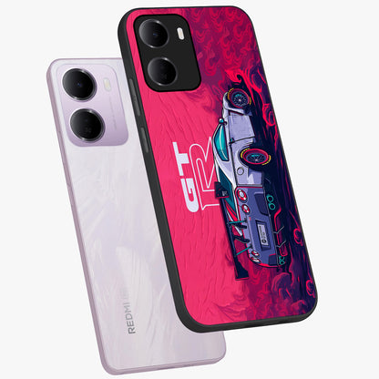 GT-R Car Pattern Glass Case displayed in angled mockup highlighting racing car graphic design with bold automotive aesthetic.