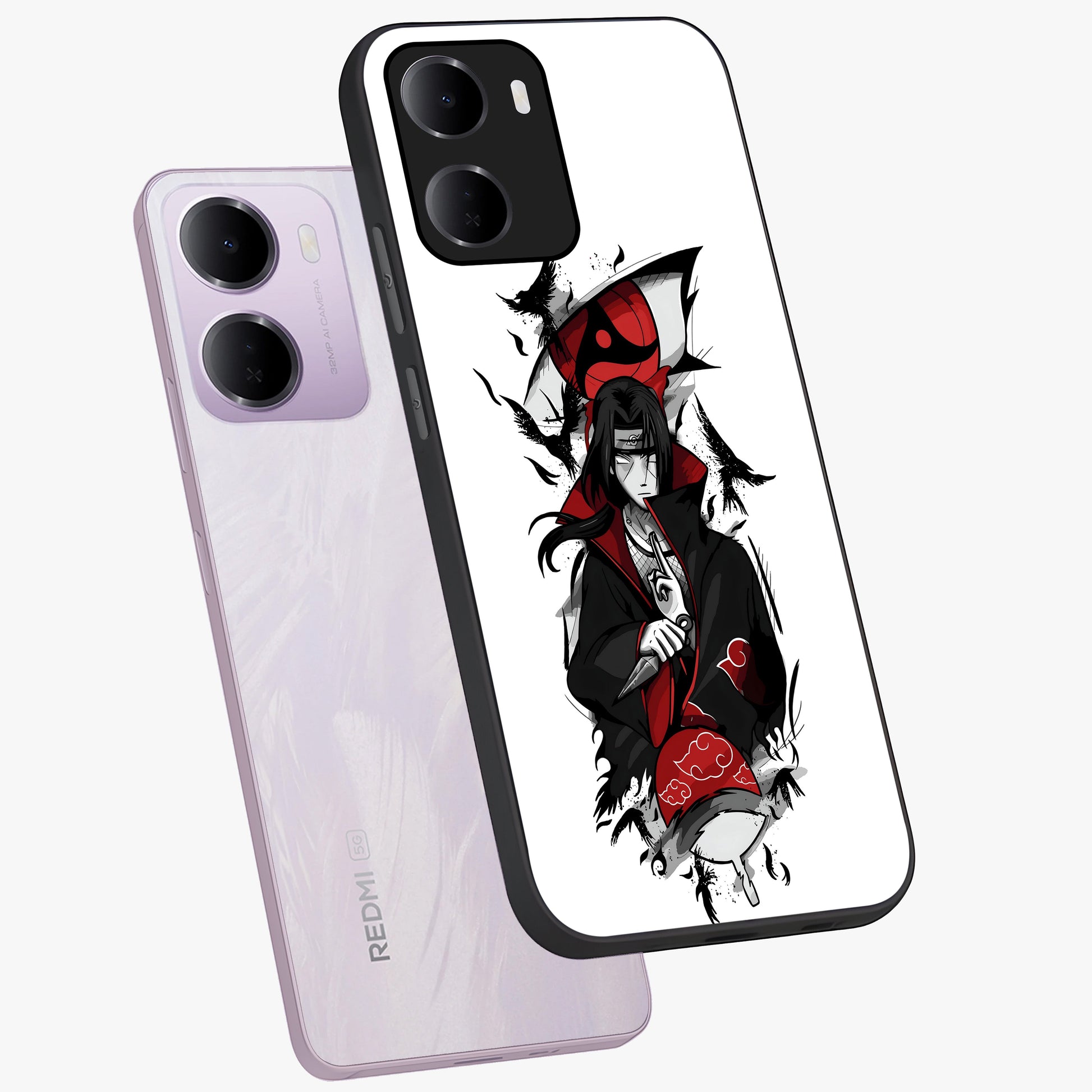 Itachi Limited Edition Naruto Anime Glass Case displayed in angled mockup highlighting dramatic anime illustration with bold action aesthetic.