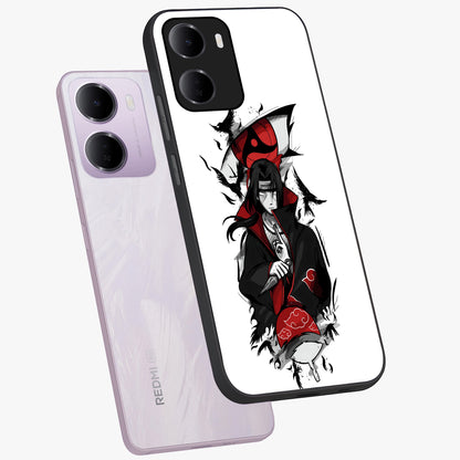 Itachi Limited Edition Naruto Anime Glass Case displayed in angled mockup highlighting dramatic anime illustration with bold action aesthetic.