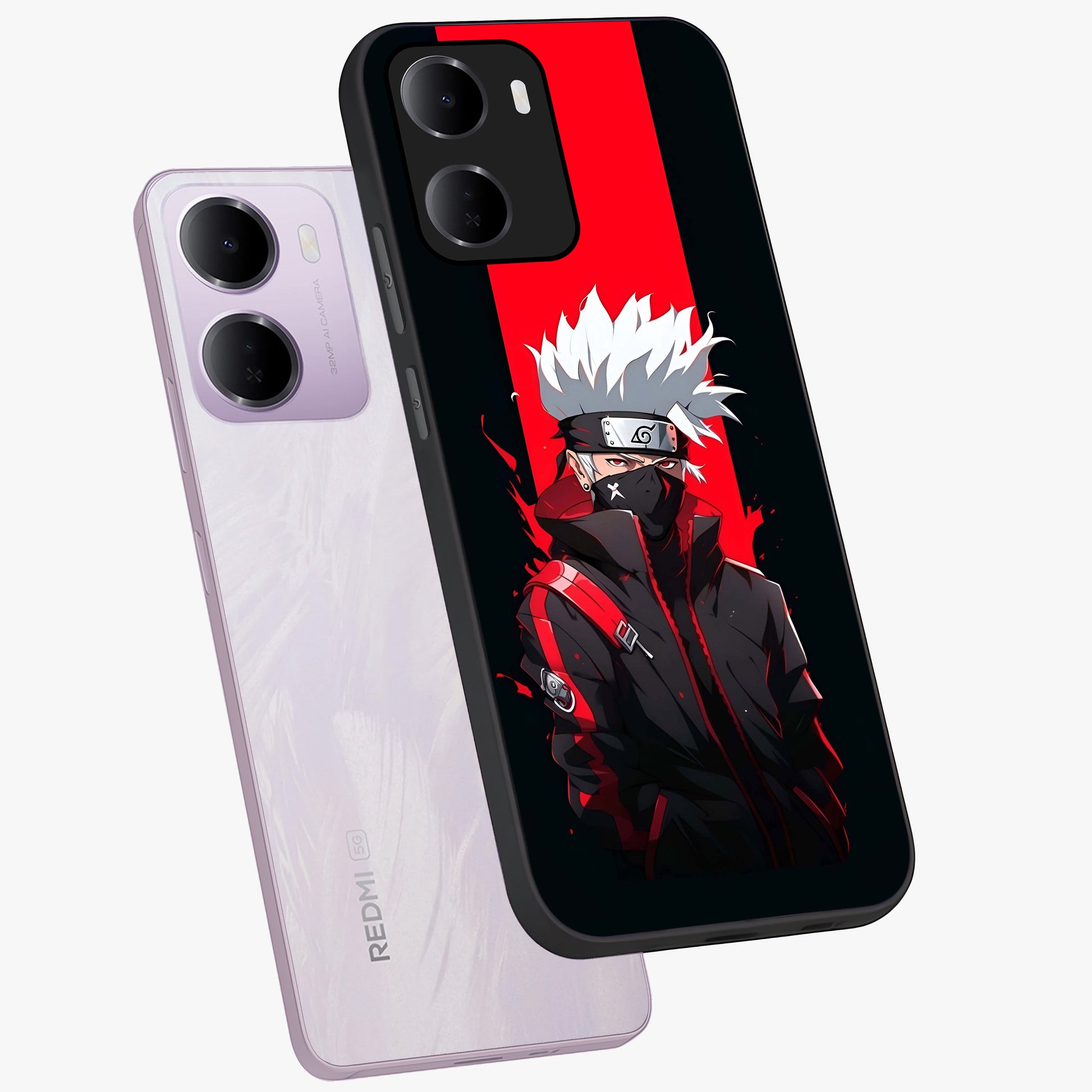 Kakashi Scarlet Shadow Glass Case displayed in angled mockup highlighting dramatic ninja illustration with scarlet themed aesthetic.