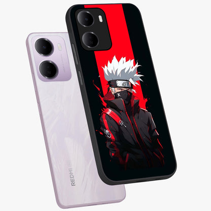 Kakashi Scarlet Shadow Glass Case displayed in angled mockup highlighting dramatic ninja illustration with scarlet themed aesthetic.